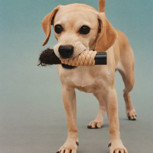 A dog playing with a rope toy
